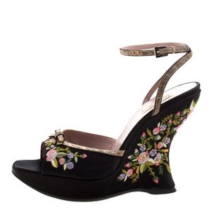 PRADA Black Floral Embroidered Satin Peep Toe Wedge Sandals